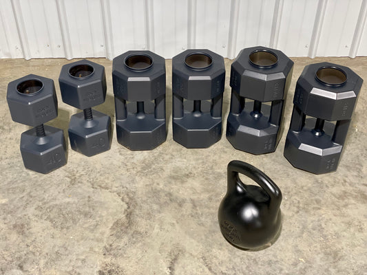 THE COMPLETE SET! (40, 60, 80 lb Dumbbells and 40 lb Kettlebell)